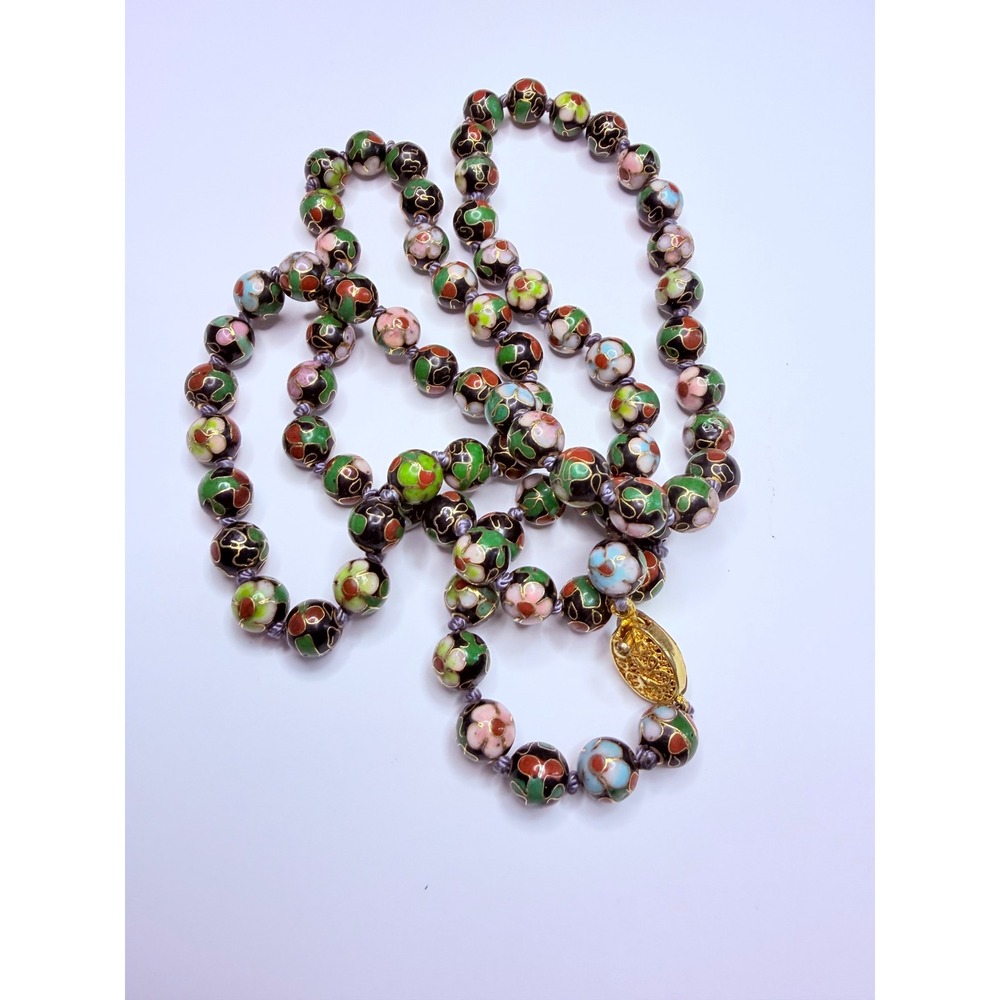 Vintage Cloisonné Floral Bead Necklace – Hand Knotted Multicolor Enamel 28"
